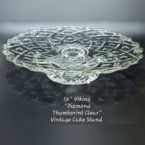 Viking 12" Low Cake Stand "Diamond Thumbprint Clear" Vintage EUC - Picture 3 of 14